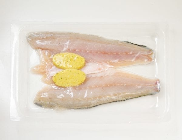 Farmed Sea Bass fillets with ginger and lime butter x 2, 200g